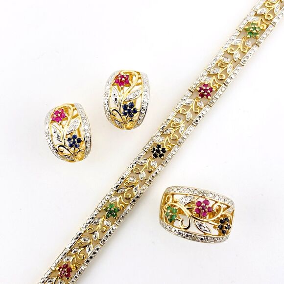 Ross Simmons Gold Vermeil Bracelet Earrings Ring Set Edwardian Inspired - Picture 1 of 16